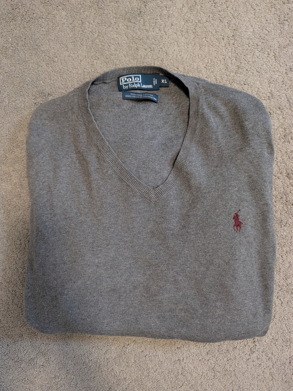Polo Ralph Lauren Men's Gray V-Neck Sweater with Red Pony, XL